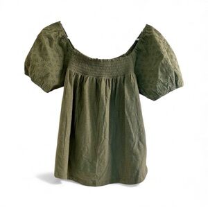 Lucky Brand Olive Green Puff Sleeve Top Size Small | Smocked Boho Blouse NWT